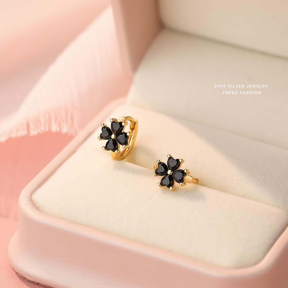 

Fashionable Black Zircon Flower 999 Sterling Silver Earrings for Women Exquisite Wedding Jewelry Accessories Gifts золотий