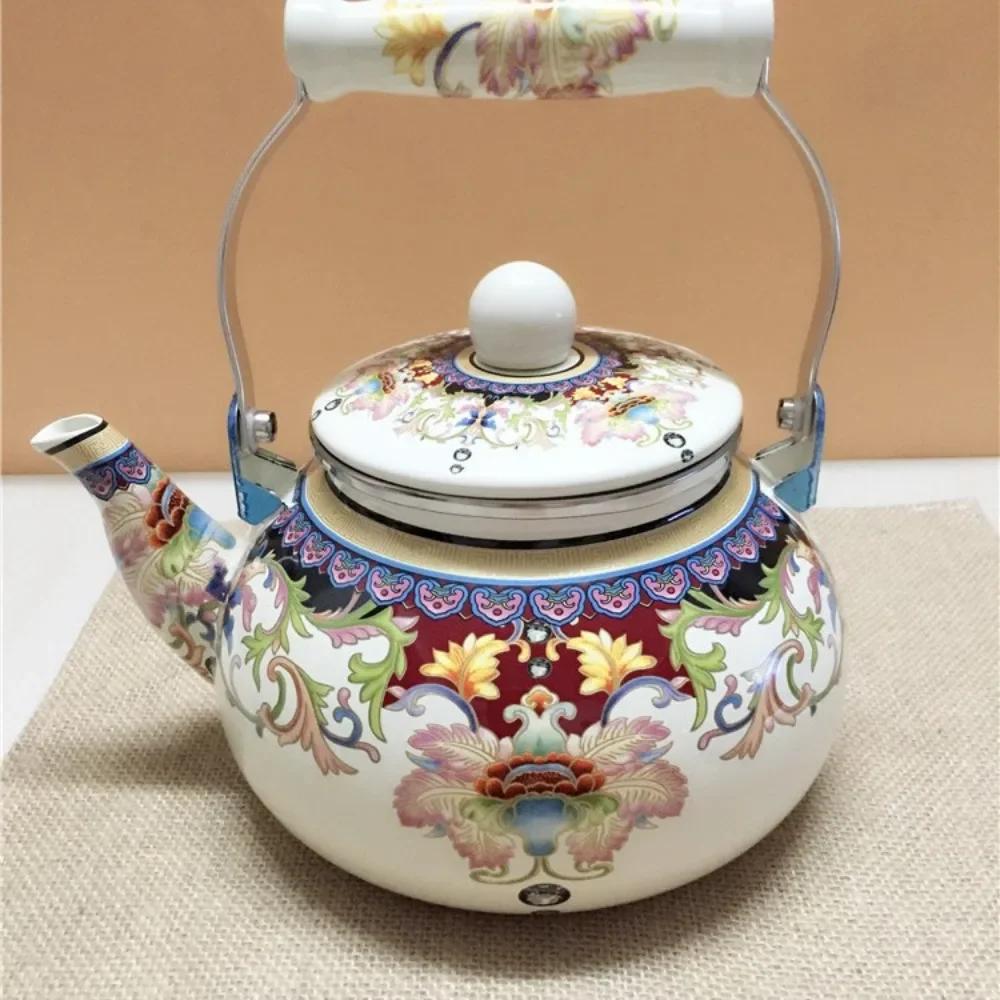 Emaille-Teekanne im chinesischen Stil 2,5L/1,5L, Anti-Verbrühungsgriff, Gasherd-Kessel, birnenförmige florale Emaille-Kaffeekanne