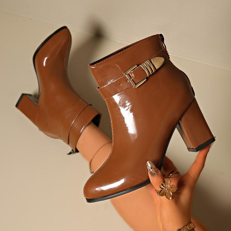 

Waterproof Patent Leather Booties Fashion Round Toe Side Zipper Metal Buckle Non-Slip Heels 35 светло-коричневого