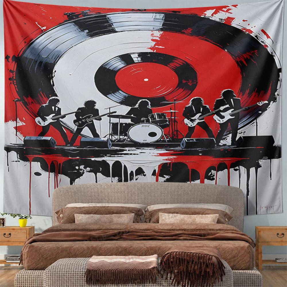 "Rock Band Silhouette & Vinyl Design" Pattern Wall Hanging Tapestry Decorative Tapestry Home Decor for Bedroom and Living Room
