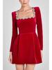 Spring Women's Elegant Velvet Dress with Diamond-Studded Square Neck