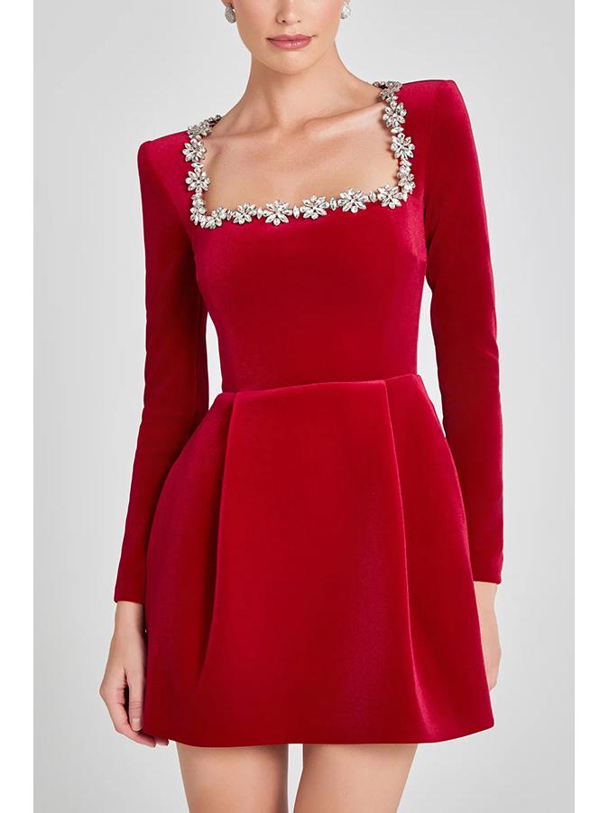 

Spring Women s Elegant Velvet Dress with Diamond-Studded Square Neck XL червоний