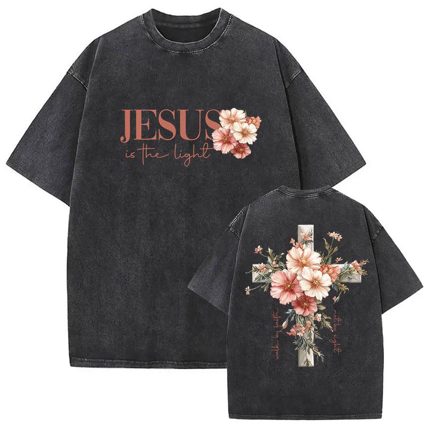 Vintage Washed Faith in God Christian Bible Verse Print T Shirts Men Womens Clothing Aesthetic Fashion Oversized Cotton Tshirt