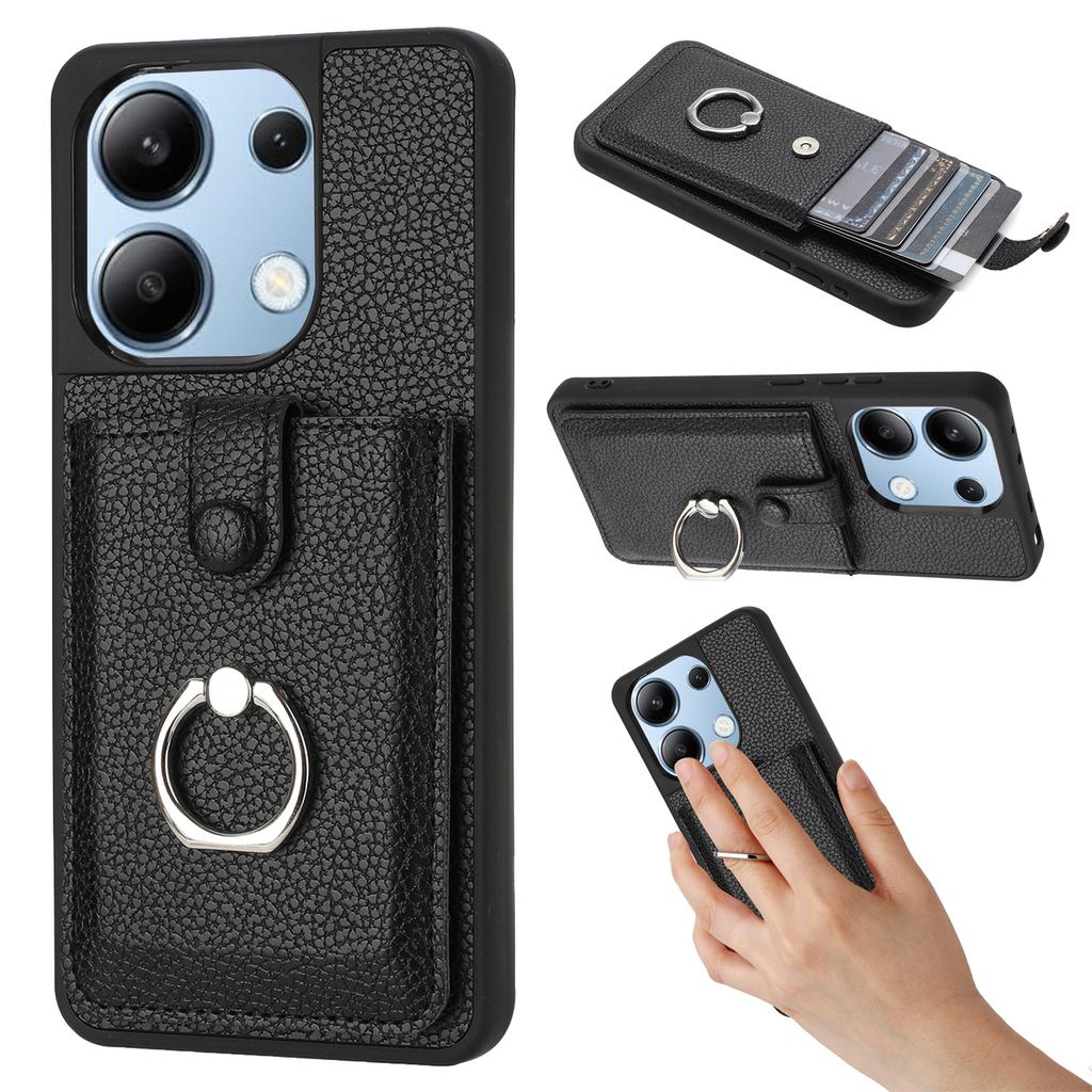For Xiaomi Redmi Note 13 4G Case Drawing Type Card Slots Litchi Texture Leather Back Cover with Ring Kickstand