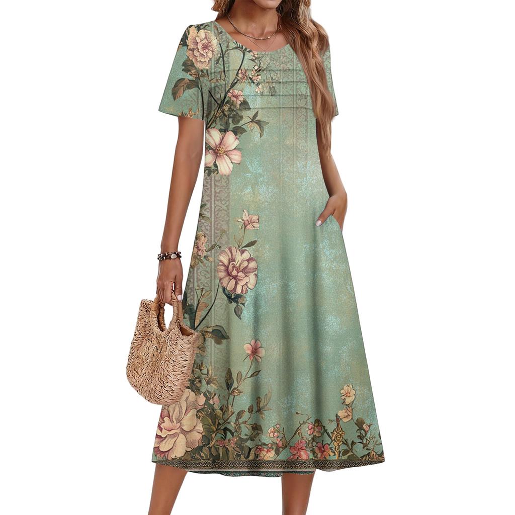 Ladies' Floral Printed Casual And Fashionable Short Sleeved Round Neck Dress