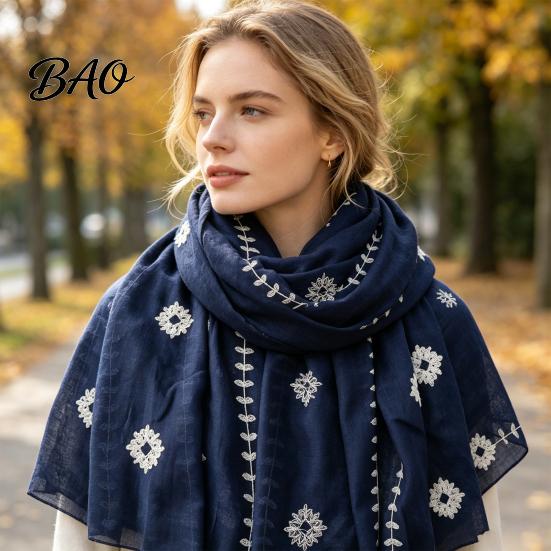 Lightweight Gauze Scarf Solid Color Embroidered Shawl for Women, Soft with Floral Oriental Style Vine Texture, 180x90cm Breathable Wrap Spring Summer