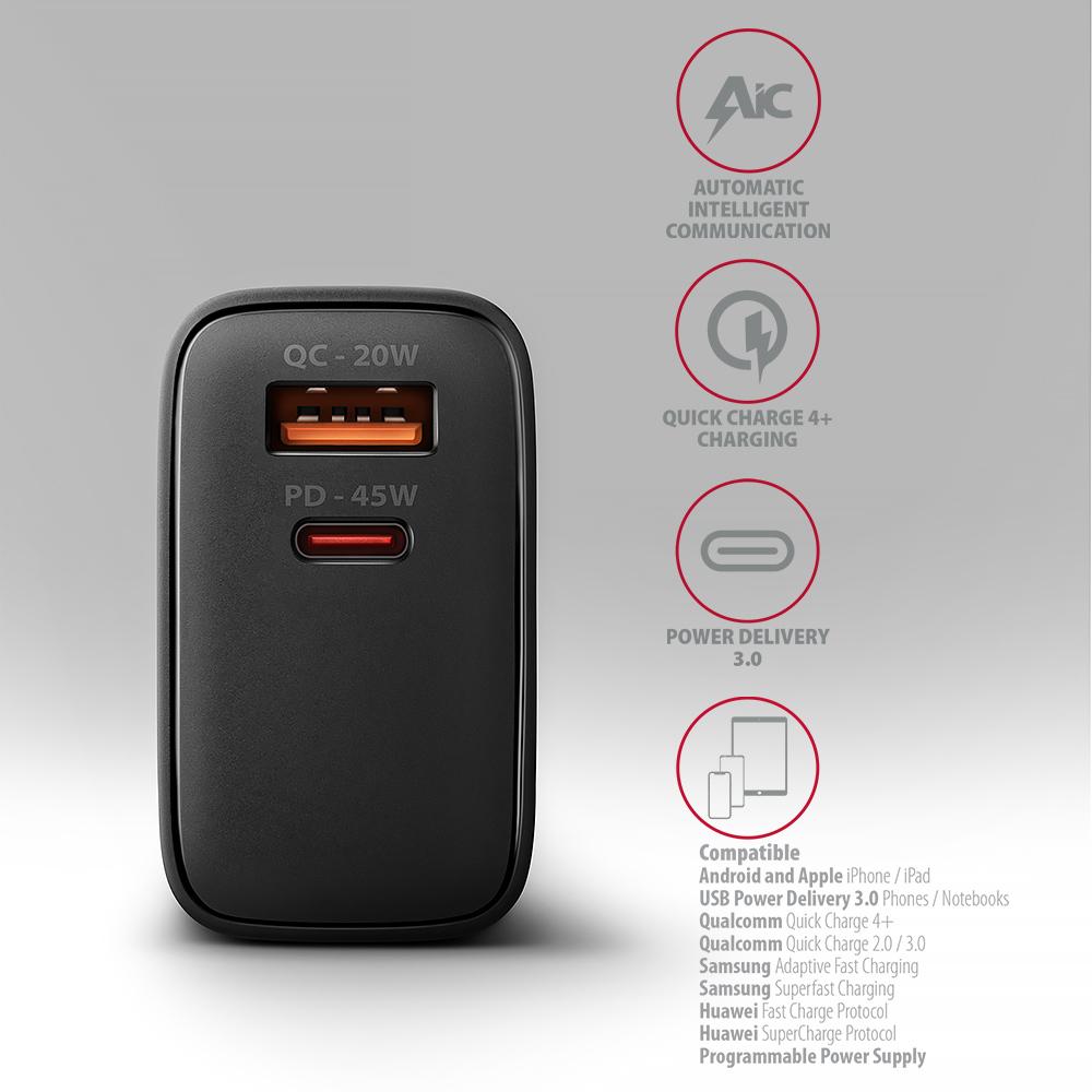 AXAGON GaN Wallcharger 2x Port (USB-A + USB-C), PD3.0/PPS/QC4+/SFC2.0/AFC/SCP/FCP/Apple, 45W | ACU-PQ45