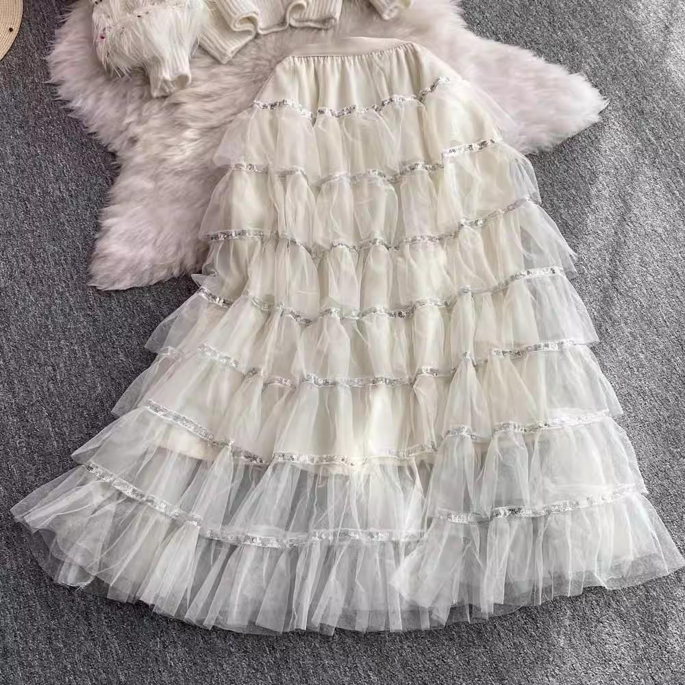Autumn Winter Women Two Piece Set Small Fragrant V Neck Furry Knit Cardigan Sweater Coat And Sequined Cascading Mesh Long Skirt Suit