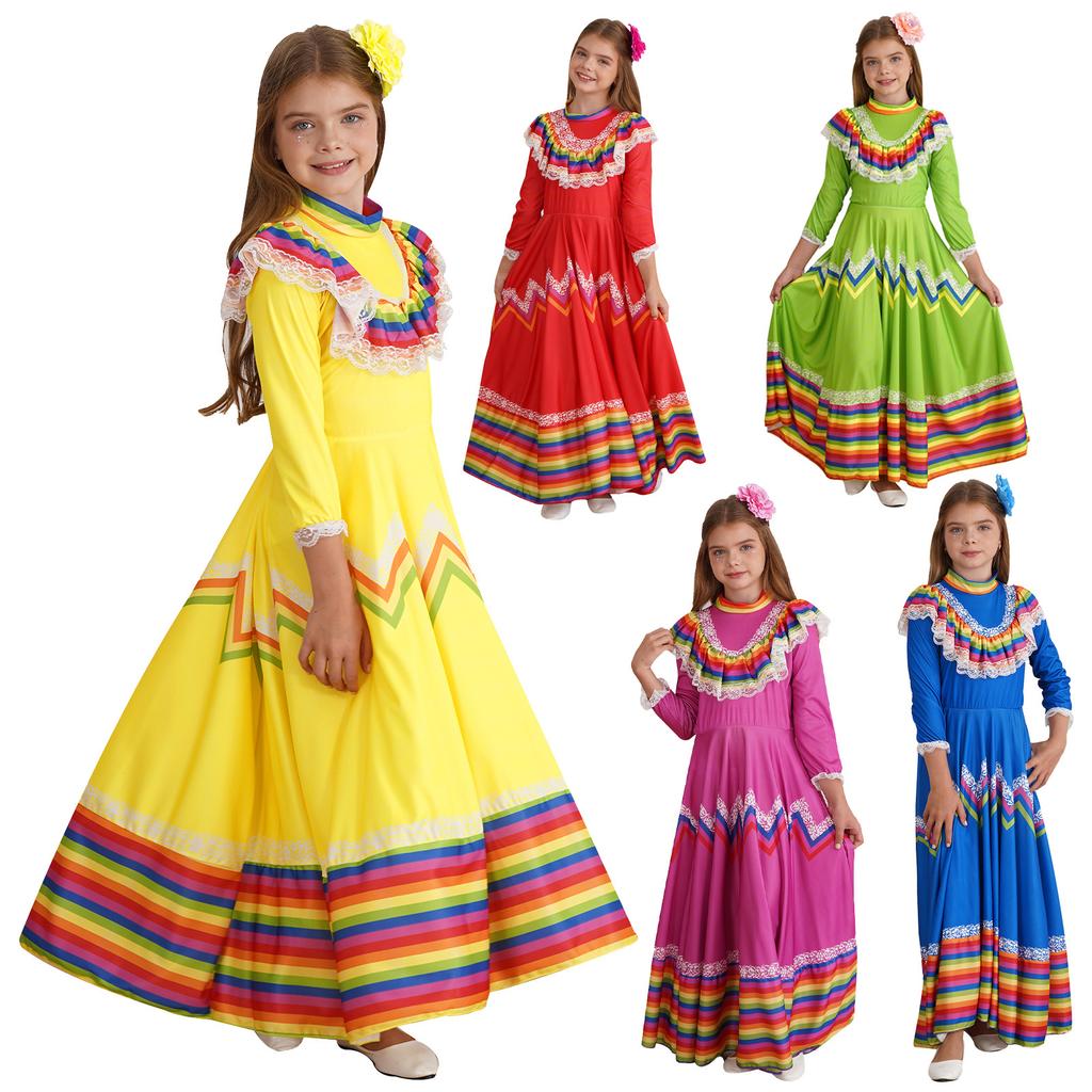 Girls Mexican Style Jalisco Traditional Festival Stage Performance Costume Dance Dress Mock Neck Long Sleeve Stripes Lace Flounce Dress Hair Clip