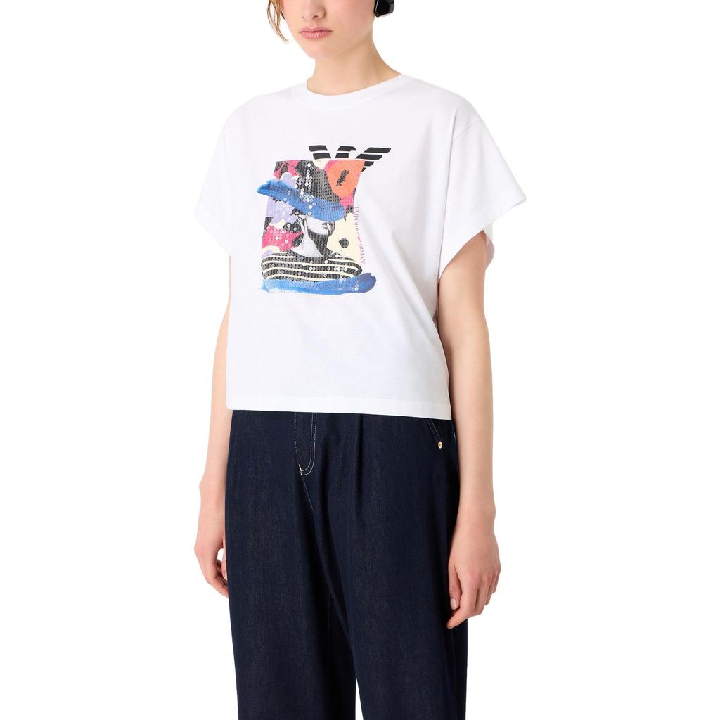 Emporio Armani SS23 Sequin Decorated Printed Round Neck Pullover Short Sleeve T-Shirt Women Tops White 6R2T7J-2J53Z-0100