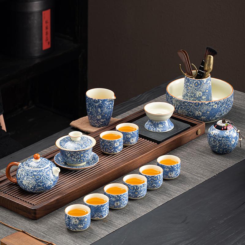 Flower tea set High-end set Household Ru kiln Kung Fu complete set of tea set Cover bowl Living room Tea business