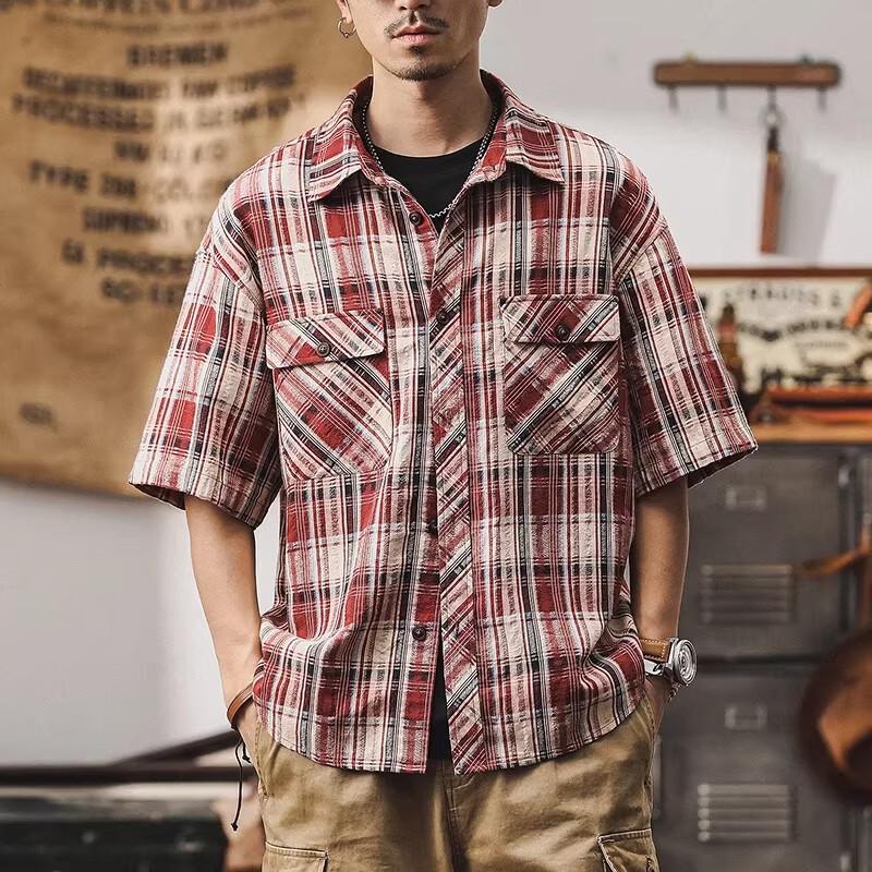Men s Retro Plaid Short Sleeve Casual Shirt 2XL