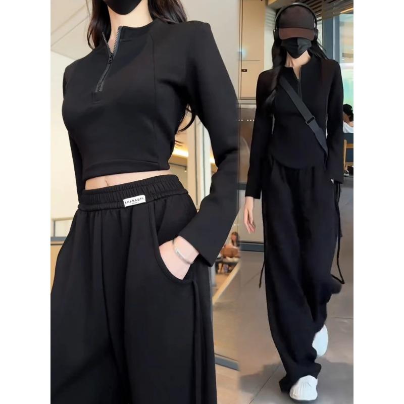 Red Casual Sportswear Set Women Spring Autumn Fashion Slimming Youthful Half Zip Top Two Piece Outfit