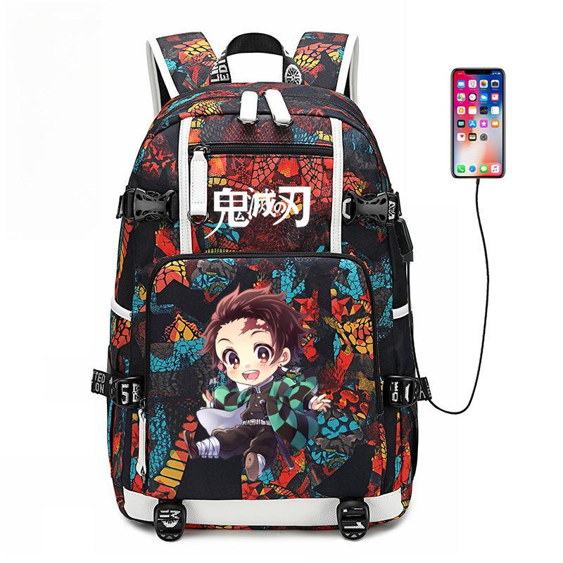 Japon dessin animé bande dessinée Demon Slayer Sac à dos élégant avec interface USB et grande capacité 0005