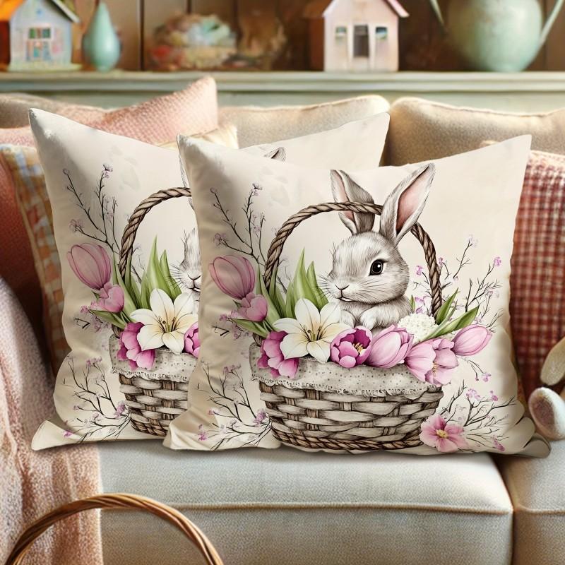 Easter Basket Rabbit Pillowcase Watercolor Pastoral Print Festive Atmosphere Feeling Living Room, Sofa Pillowcase