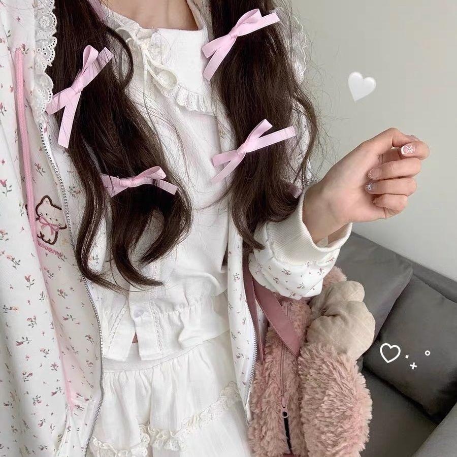 Kawaii Sweet Harajuku hettegenser for kvinner Japansk mote blonder patchwork blomstertrykk Kattebroderi hettegenser med glidelås