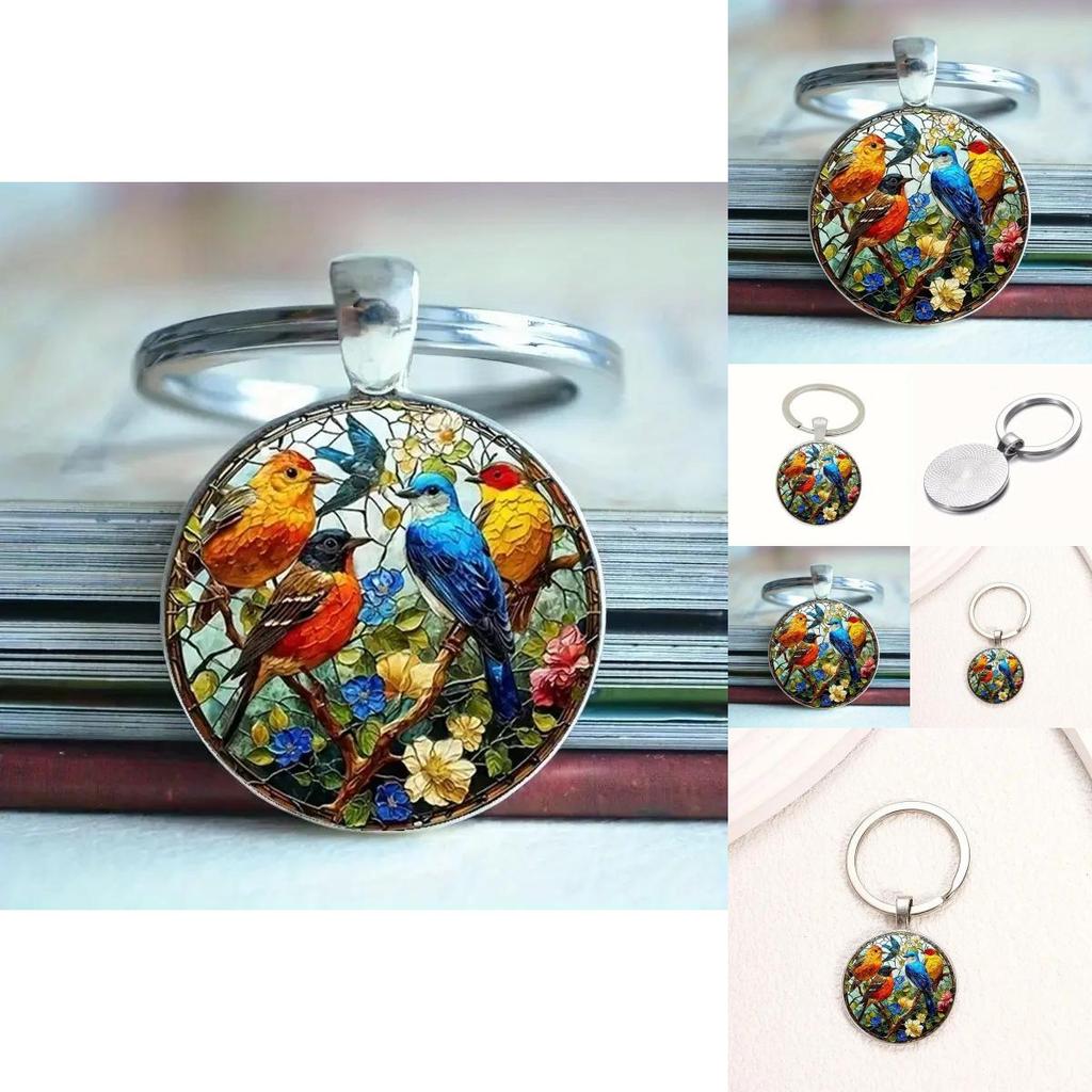 Cute Watercolor Bird Group Glass Keychain With Alloy Attachment For Gift And Accessory