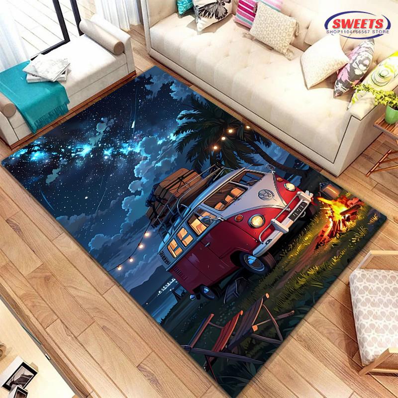New Shelves! Outdoor Camping Theme Printed Carpet, Living Room Bedroom Office Children's Room Rug, Non-slip Machine Washable Mat