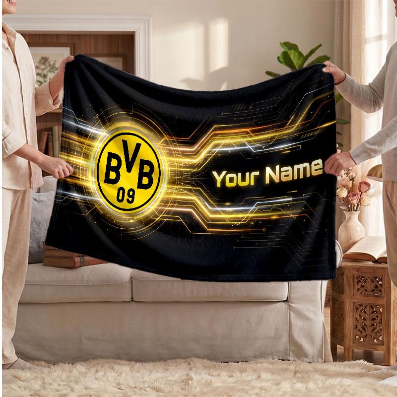 Couverture en polaire personnalisée Borussia Dortmund avec logo de football, texte de nom personnalisé, couverture d'appoint douce et chaude pour la maison