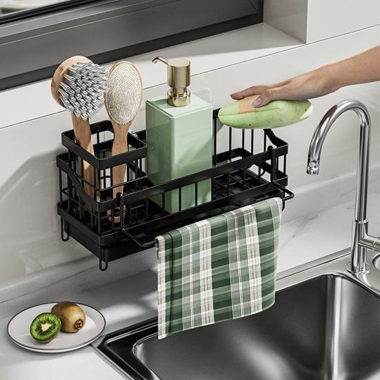 Sink Organizer with Towel Rail Double Compartment Storage Rack Removable Drain Tray Rust-Proof Iron Kitchen Caddy for Sponges Brushes Dishcloths