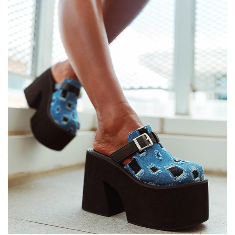 Women High Heel Shoes Sexy Slippers Thick-heeled Denim Ripped Toe Head Slippers Height Increasing Toe Shoes Plus Size 35-43