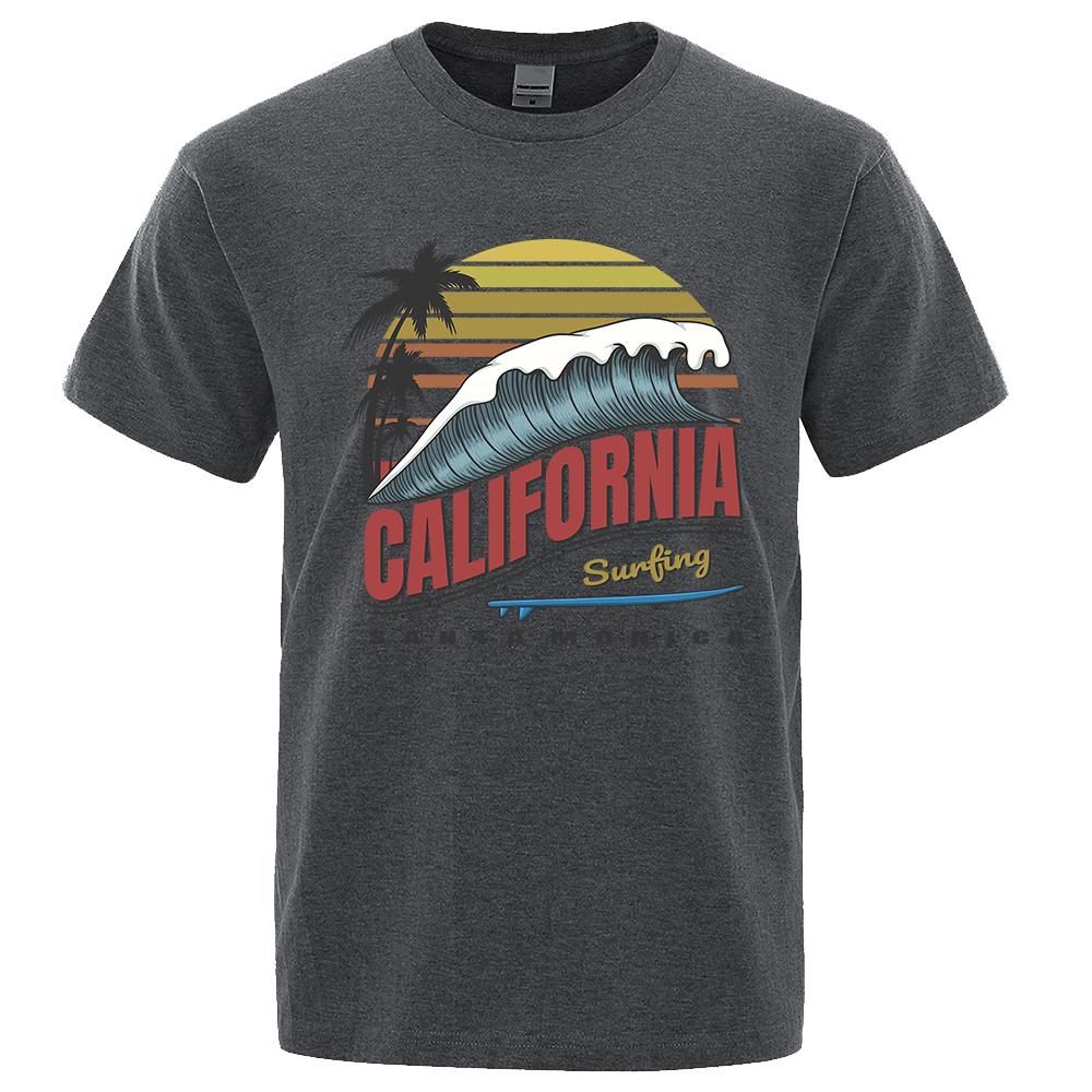 California Surfing Santa Monica Beach Printed Clothes Men Breathable Oversize T-Shirt Summer Cotton Tee Clothes Crewneck T-Shirt