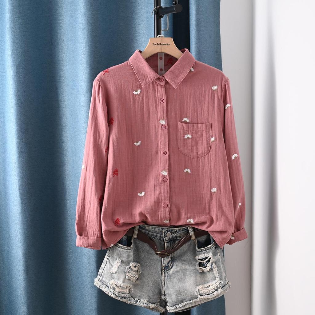 Double-Layer Gauze Floral Embroidered Long-Sleeve Autumn Shirt for Women