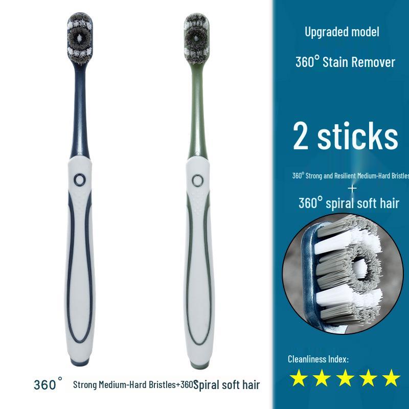 360° Medium-Hard Bristle Toothbrush for Effective Stain Removal - Spiral Filament, Soft Bristle, Adult Size