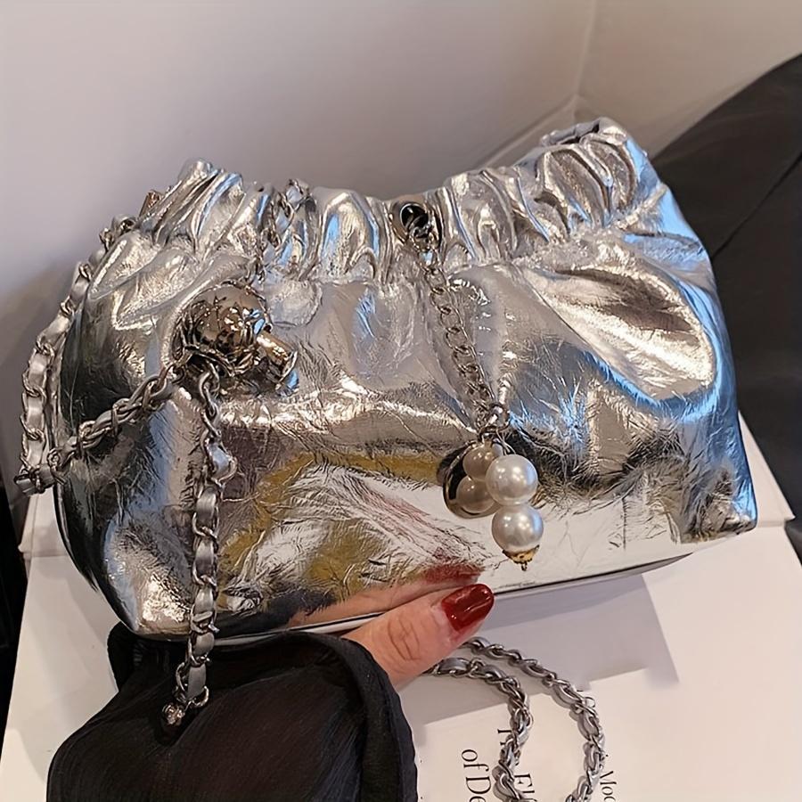 Women's Metallic PU Leather Shoulder Bag Fashionable Chain Strap Bucket Crossbody Purse Elegant Design Women's Evening Dress Bridal Wedding Handbag