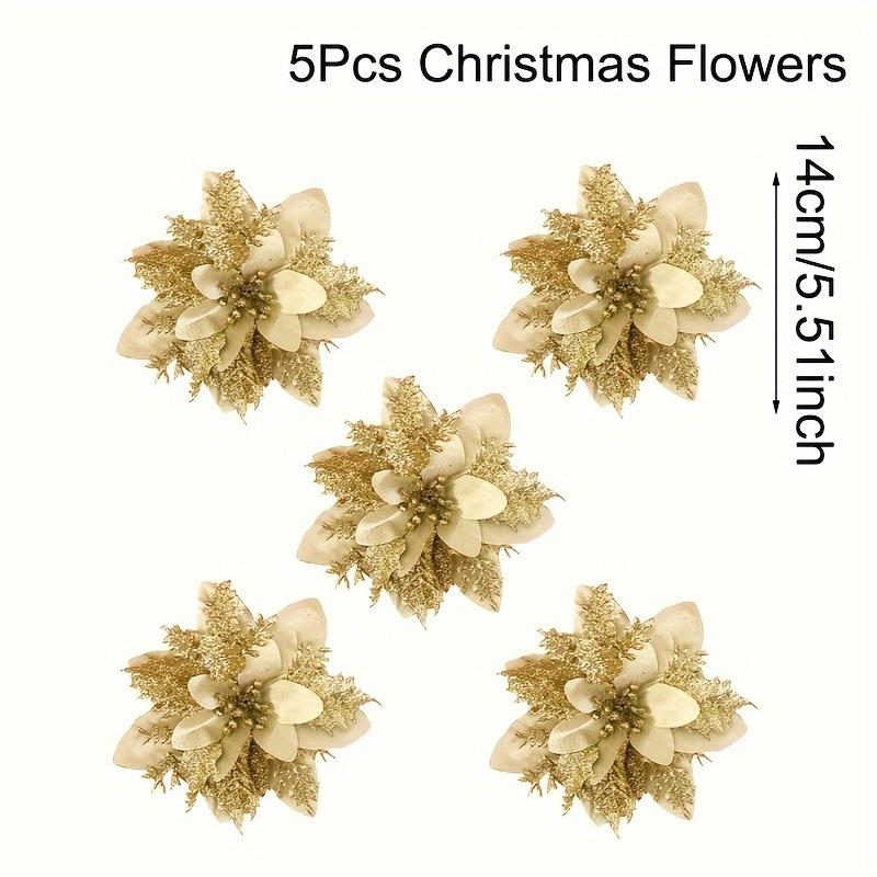 

5/10Pcs Glitter Artifical Flowers 14CM Fake Flowers Christmas Decoration Xmas Tree Ornament New Year Navidad 2025 Gift Accessory 5Pcs золотий