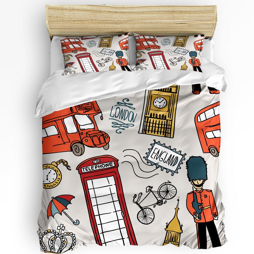Britische Graffiti London Kultur Cartoon Doodle Bettbezug 3-teiliges Bettwäscheset Heimtextil Bettdeckenbezug Kissenbezüge Kein Spannbettlaken