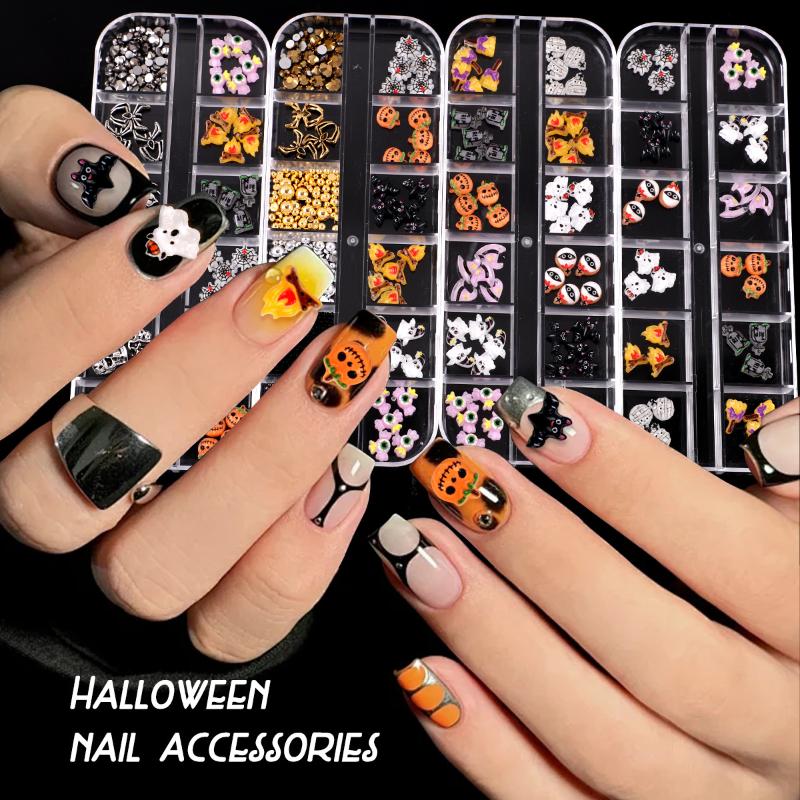 12 Grid Halloween Series Nail Art Jewelry Cartoon Ghost Pumpkin Spider Bat Nail Charms Diy Nail Art Decoration Accessories