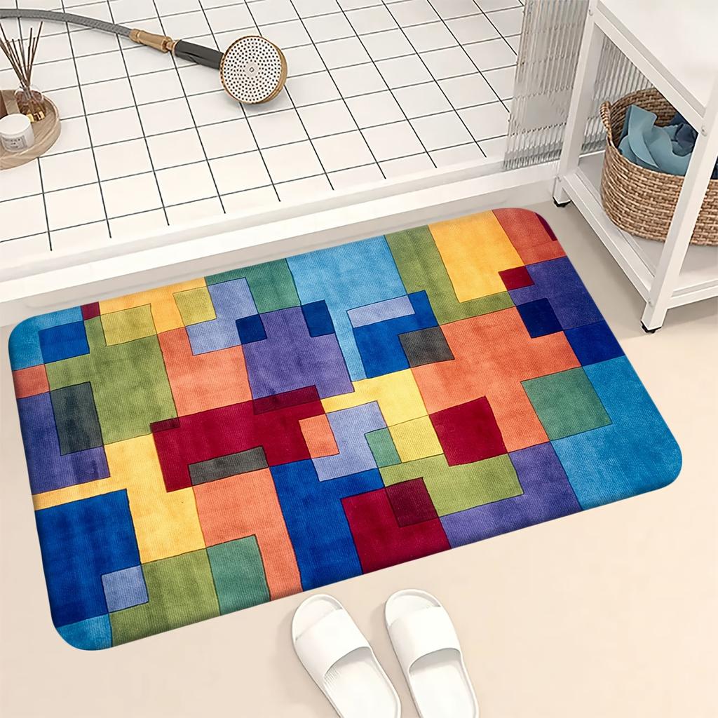 Colorful Abstract Checkered Bath Mat – Soft Flannel Non-Slip Rug for Bathroom, Kitchen, Bedroom & Office, Stylish Home Decor
