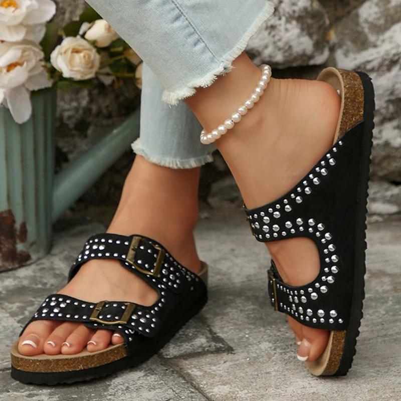 Fashion Summer Suede Flat Slippers for Women Soft Bottom Rivet Street Style Woman Slippers Buckle Strap Solid Woman Slides