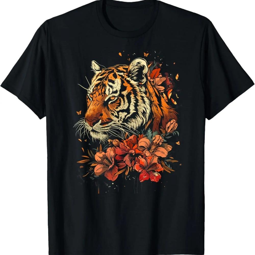

Tiger Face Orange Red Flowers Lilies Black Tee Women Kids T-Shirt S