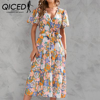 Vestidos casuales de manga corta con cuello en V y estampado floral de primavera y verano para mujer