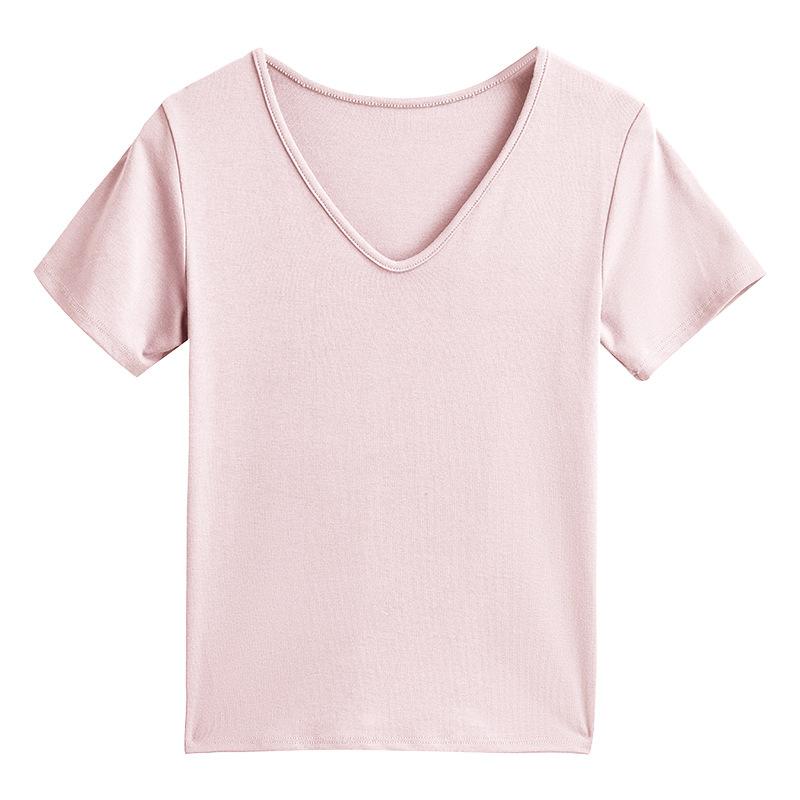 Women Loose Fit V Neck Solid Color Short Sleeve Casual T Shirt Top