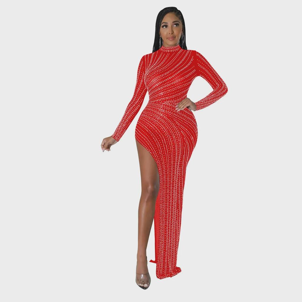 High-Slit Mesh Diamond Evening Gown