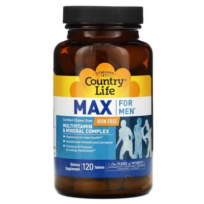 Country Life Max pour Hommes Complexe Multivitaminé et Minéral Sans Fer 120 Comprimés