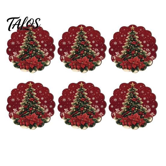 Rutschfeste Holzmatten 4/6 Stück Weihnachts-Tier-Untersetzer, Festliche Karomuster-Blumen-Runde Getränkebecher-Untersetzer Matten, Tischdekorationen für Zuhause Büro