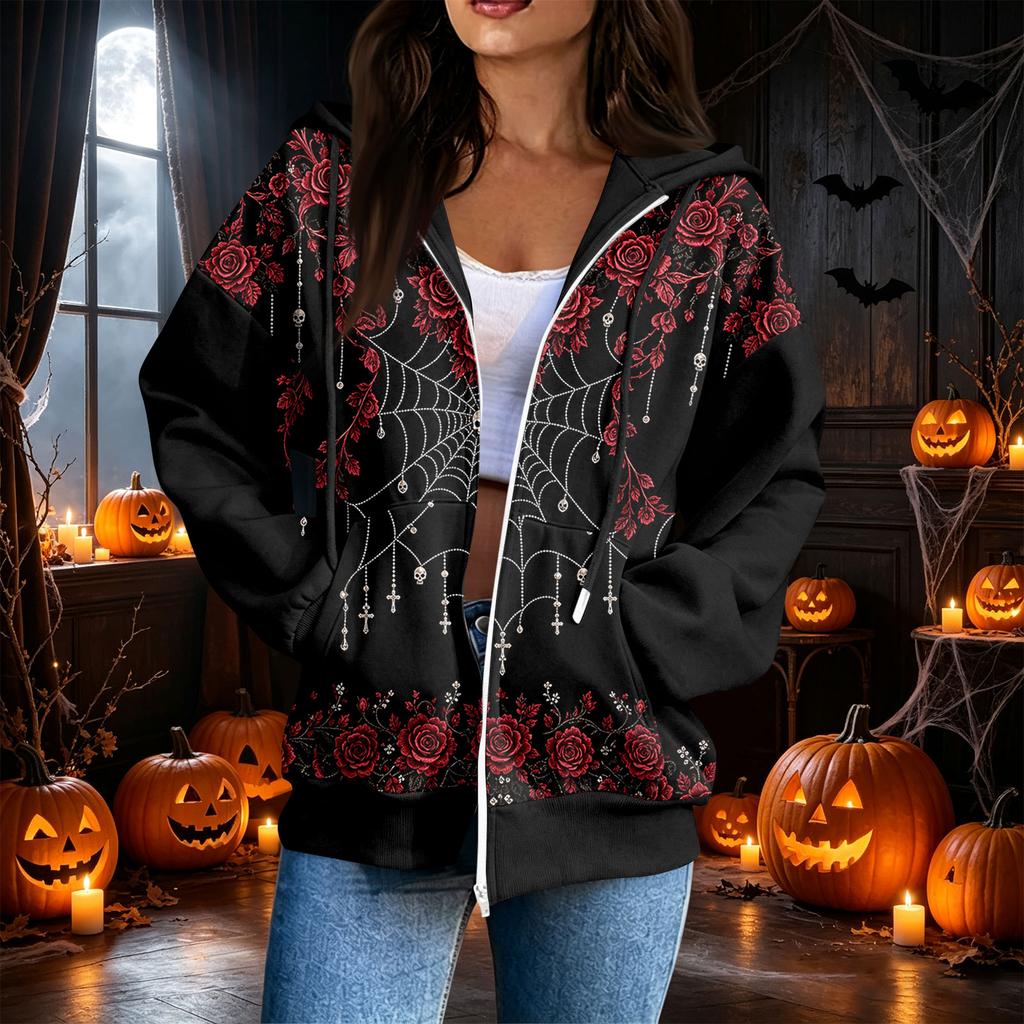 Damen lässiges Kapuzen-Sweatshirt mit Reißverschluss und Langarm mit Halloween-Print