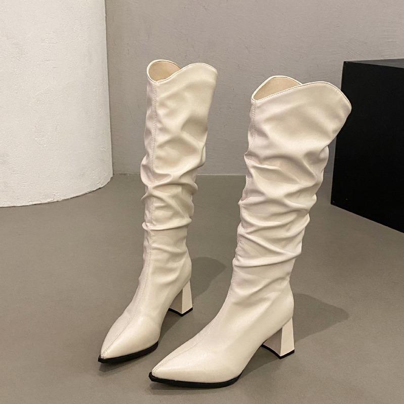 Weiche PU-Leder kniehohe Stiefel Damen 2026 Frühling Herbst Dicke Absätze Lange Stiefel Plissiert Frau Schwarzer Reißverschluss hinten Ritter Botas