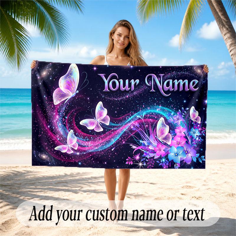 Butterfly Theme Soft Beach Towel Personalized Custom Name Text Towel Portable for Beach Pool Travel