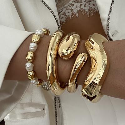 Fashion Exaggerated Wide Cuff Irregular Geometric Gold Color Chunky Bangles Bracelet for Women Men Punk Hip Hop Jewelry Gift