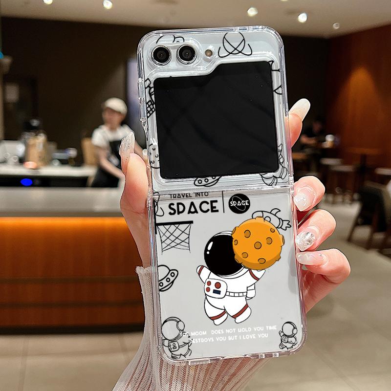 2pcs Astronaut Pattern Folding Shell For Samsung Galaxy Z Flip6 Flip5 Flip4 Flip3 Planet Clear Shockproof Slim Phone Case Cover