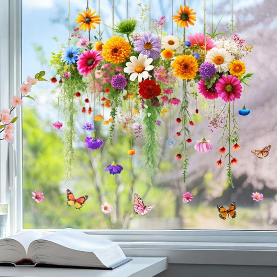 Window Sticker Double Sided Design Glass Decals Waterproof PVC Chrysanthemum Pattern Sticker Home Wall Decor