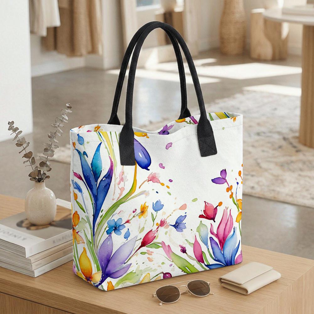  Watercolor Floral Tote Bag Casual Large Capacity Canvas Handbag for Daily Shopping Travel Shoulder Bag for Women