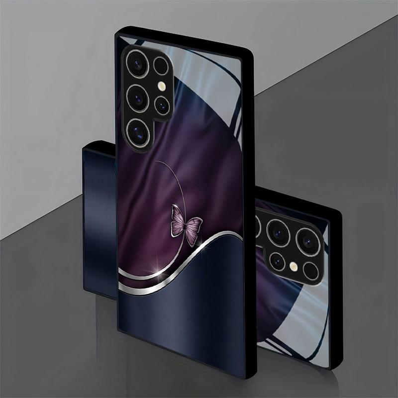 Purple Butterfly Ripple Tempered Glass Phone Case Suitable for Samsung Galaxy S26 S25 S24 S23 S22 S21 S20FE/Ultra/Plus Anti Drop