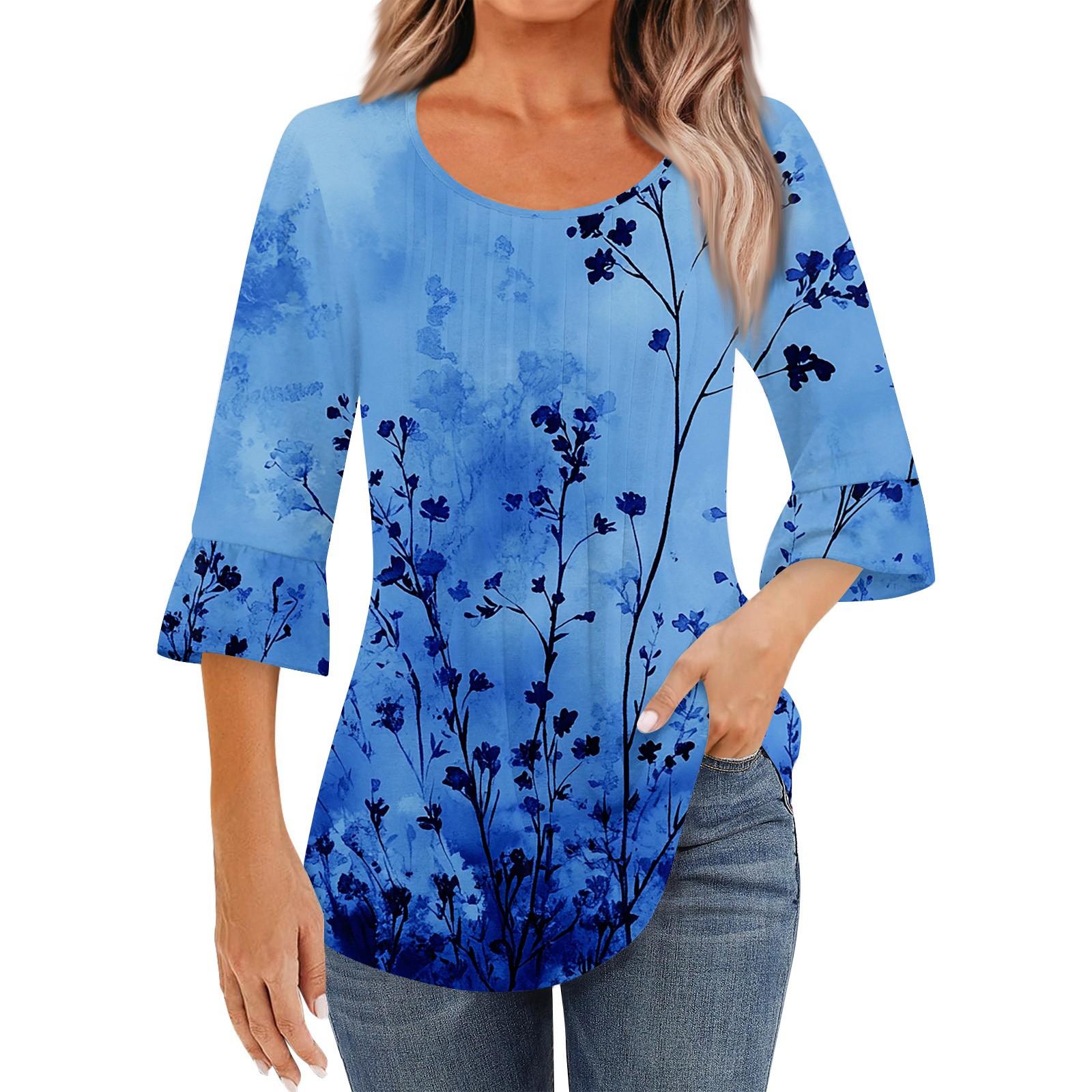 

Женская модная повседневная плиссированная футболка с круглым вырезом и цветочным принтом, рукав три четверти XL небесно-голубой