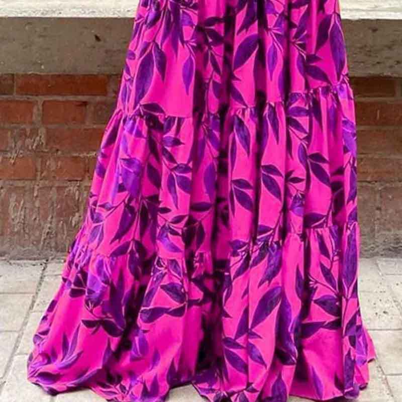 Sommerkleid für Damen, bedruckt, Rundhalsausschnitt, langer Rüschensaum